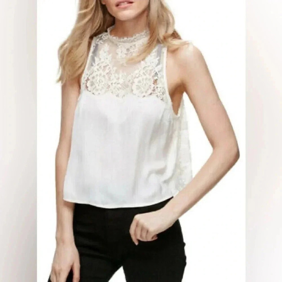 Free People Tops - Free People•Cream Lace Open Crossover Back High Neck Sleeveless Top Size Large